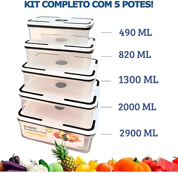 Kit 5 Potes Organizadores Herméticos Retangulares de Plástico – Tampas Transparentes