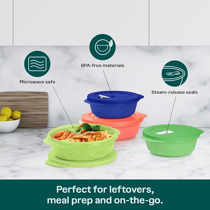 Tupperware Conjunto De Recipientes Redondos Para Armazenamento De Alimentos Crystalwave Plus De 4 Peças Em Várias Cores, Laváveis Na Máquina De Lavar Louça E Sem Bpa (4 Tigelas, 4 Tampas)