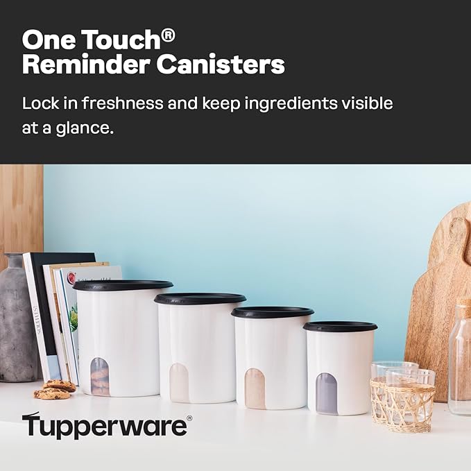 Tupperware Conjunto de recipientes de lembrete de um toque para armazenamento de alimentos - laváveis na máquina de lavar louça e sem BPA - (4 recipientes + 4 tampas)