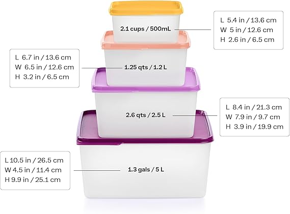 Tupperware Keeptabs Conjunto de armazenamento de alimentos empilhável com 4 recipientes – tampas multicoloridas, encaixáveis, laváveis na lava-louças e livre de BPA