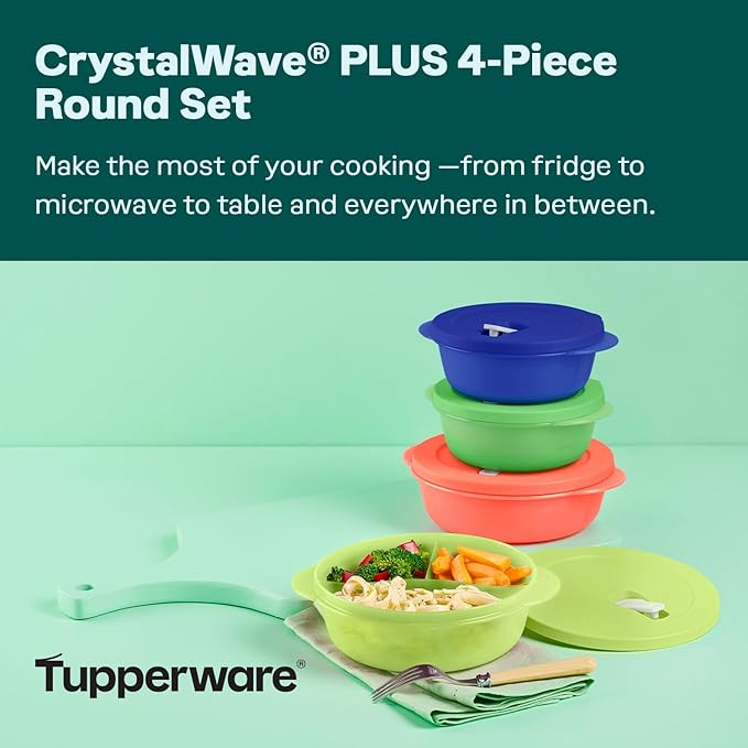 Tupperware Conjunto De Recipientes Redondos Para Armazenamento De Alimentos Crystalwave Plus De 4 Peças Em Várias Cores, Laváveis Na Máquina De Lavar Louça E Sem Bpa (4 Tigelas, 4 Tampas)