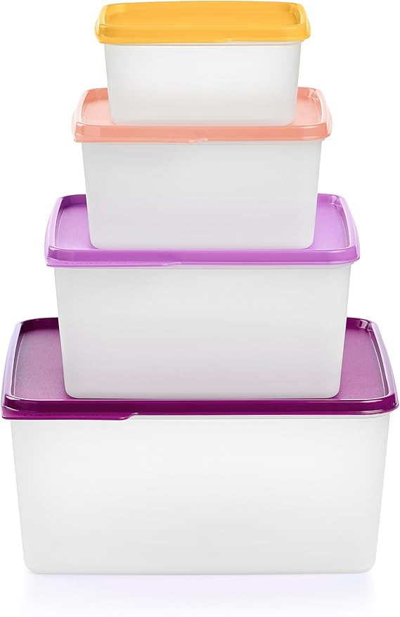 Tupperware Keeptabs Conjunto de armazenamento de alimentos empilhável com 4 recipientes – tampas multicoloridas, encaixáveis, laváveis na lava-louças e livre de BPA
