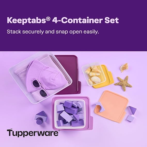 Tupperware Keeptabs Conjunto de armazenamento de alimentos empilhável com 4 recipientes – tampas multicoloridas, encaixáveis, laváveis na lava-louças e livre de BPA