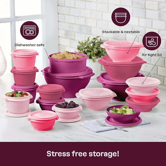 Tupperware Coleção Heritage, Novo Conjunto De 36 Recipientes Para Armazenamento Alimentos Em Rosa Vintage, Laváveis Na Máquina Lavar Louça E Sem Bpa (18 Recipientes, 18 Tampas)