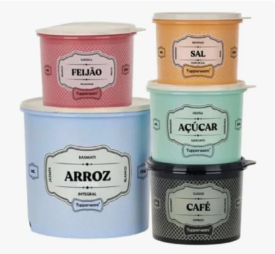 Kit De Mantimentos Essences - 5 Peças - T U P P E R W A R E - Arroz 5kg Feijão 2kg Sal 1,3kg Açúcar 1,4kG Café 700g