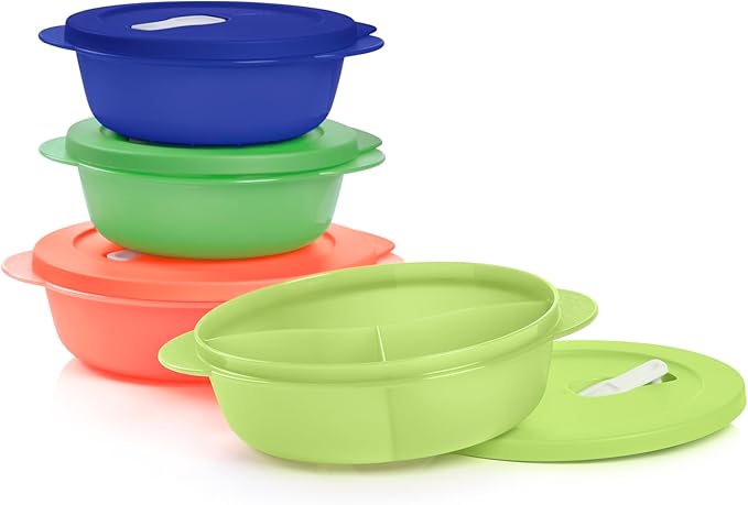 Tupperware Conjunto De Recipientes Redondos Para Armazenamento De Alimentos Crystalwave Plus De 4 Peças Em Várias Cores, Laváveis Na Máquina De Lavar Louça E Sem Bpa (4 Tigelas, 4 Tampas)